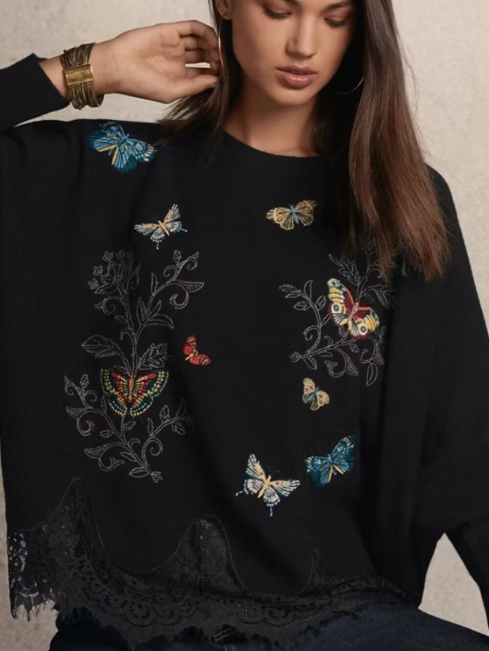 Johnny Was Luciana Black Lace Butterfly Pullover Sweater Top